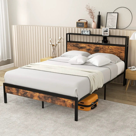 Queen bed frame with storage headboard and USB charging, black metal frame with rustic wood panel on Tampa Home & Garden Store