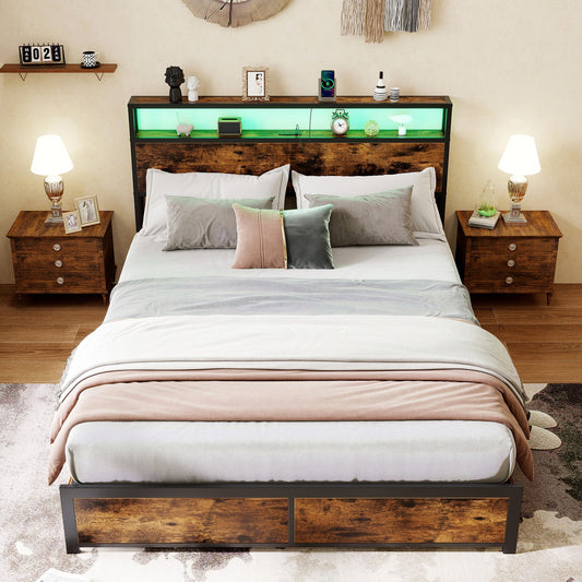 Full/Queen Size LED Bed Frame with Charging Station and 4 Storage Drawers - Tampa Home & Garden Store