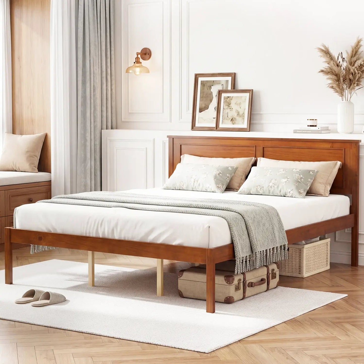 Farmhouse Wood Platform Bed Frame with Headboard