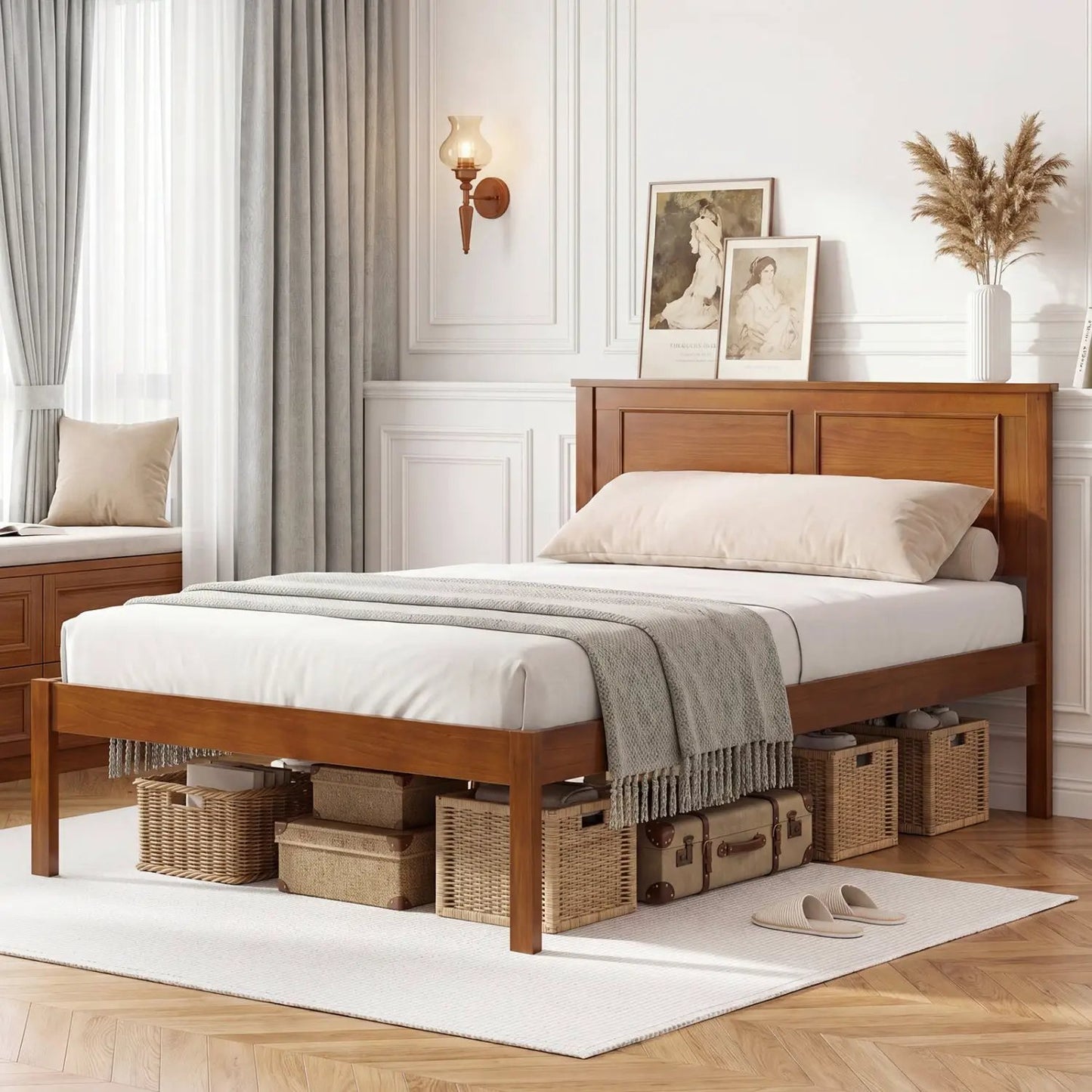Farmhouse Wood Platform Bed Frame with Headboard