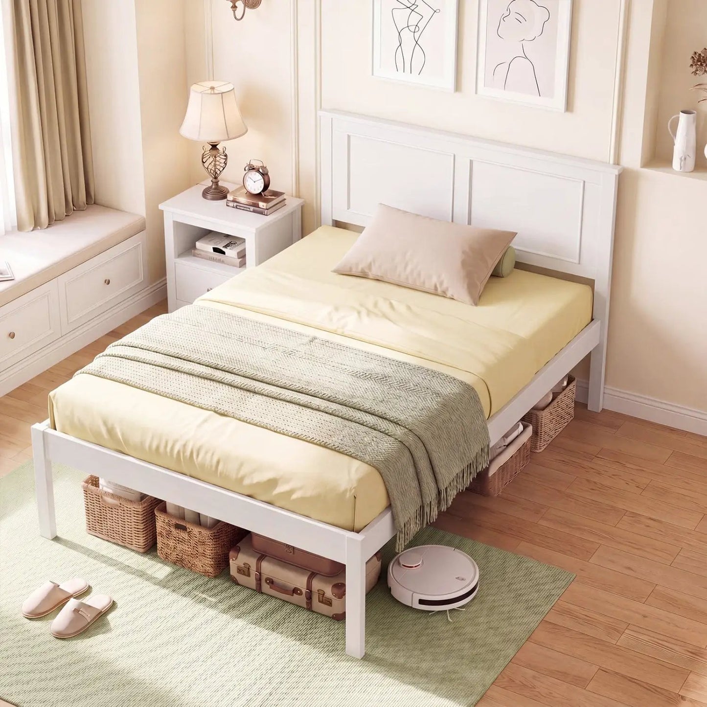 Farmhouse Wooden Platform Bed Frame Headboard