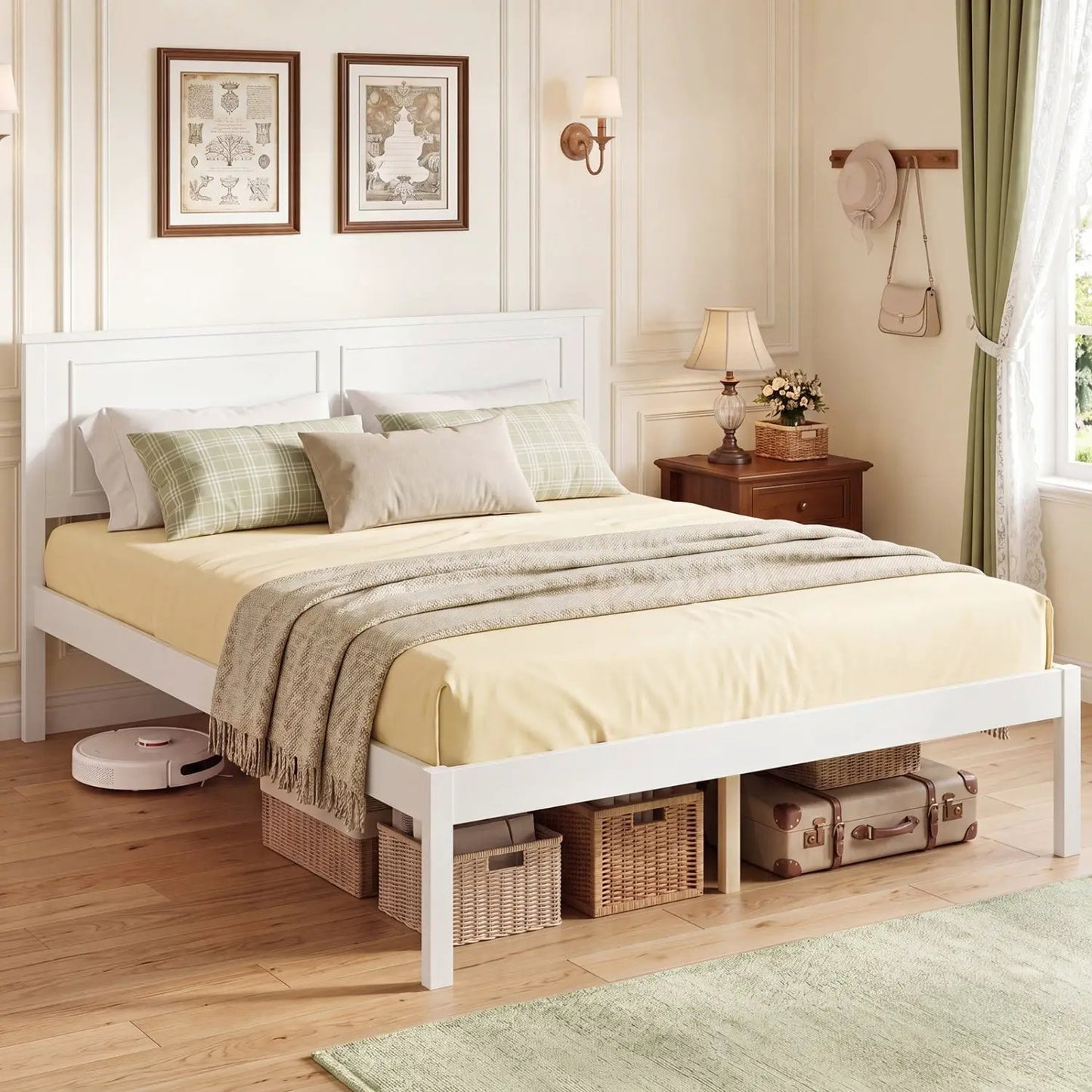 Farmhouse Wooden Platform Bed Frame Headboard