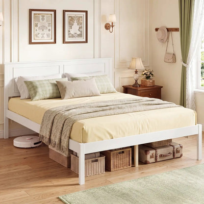 Farmhouse Wooden Platform Bed Frame Headboard