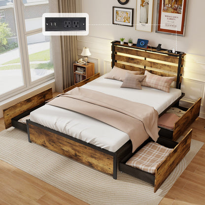 Base de Cama Tamaño Completo/Queen/Individual con Cajones, Luces LED y Puertos USB - Tamaño Completo