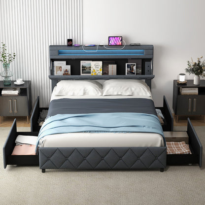 Base de Cama Tamaño Matrimonial/Queen con Cabecera Ajustable con Almacenamiento y Soporte de Láminas de Madera-Matrimonial