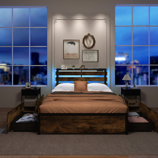 Full/Queen/Twin Size Bed Frame with Drawers LED Lights and USB Ports-Full Size - Tampa Home & Garden Store