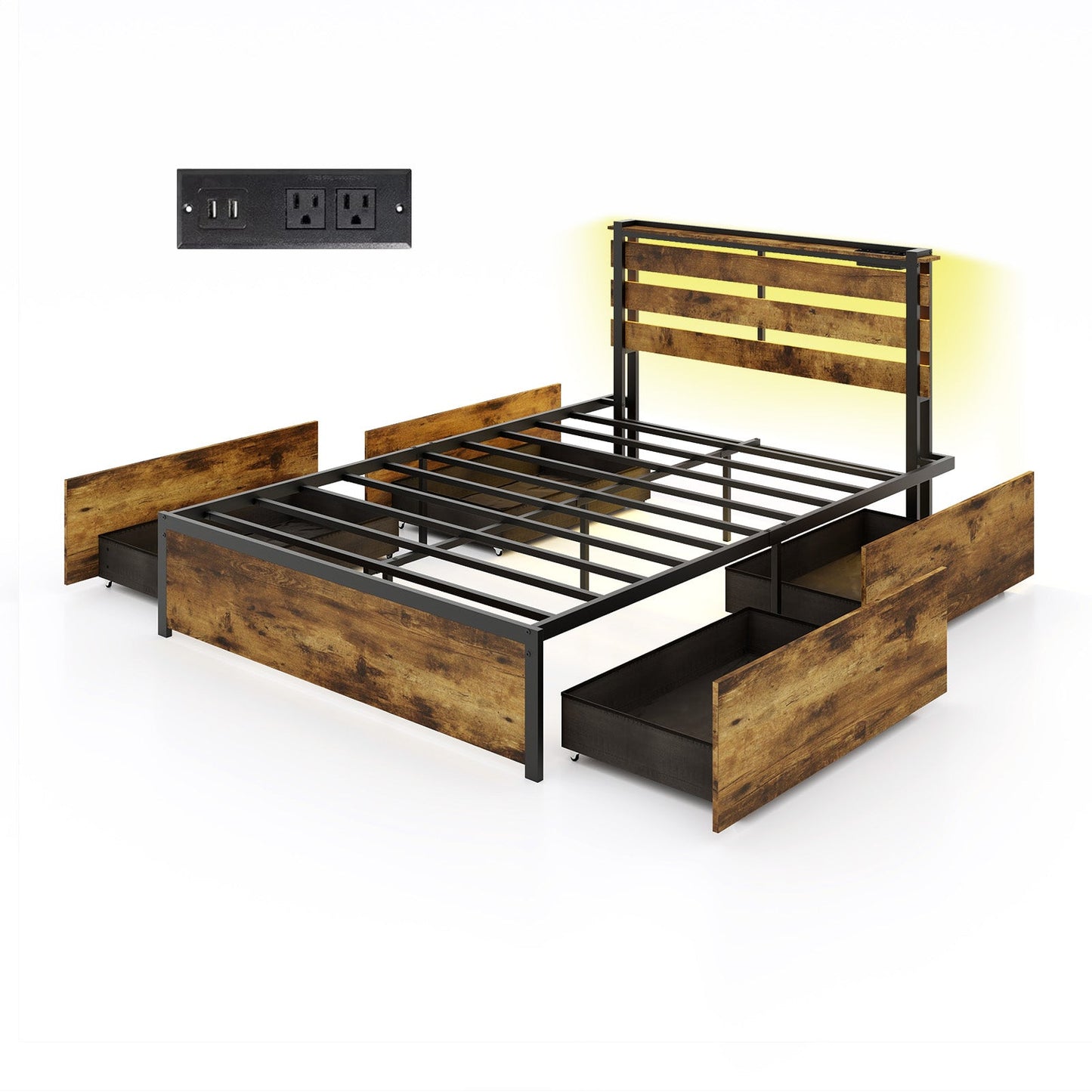Base de Cama Tamaño Completo/Queen/Individual con Cajones, Luces LED y Puertos USB - Tamaño Completo