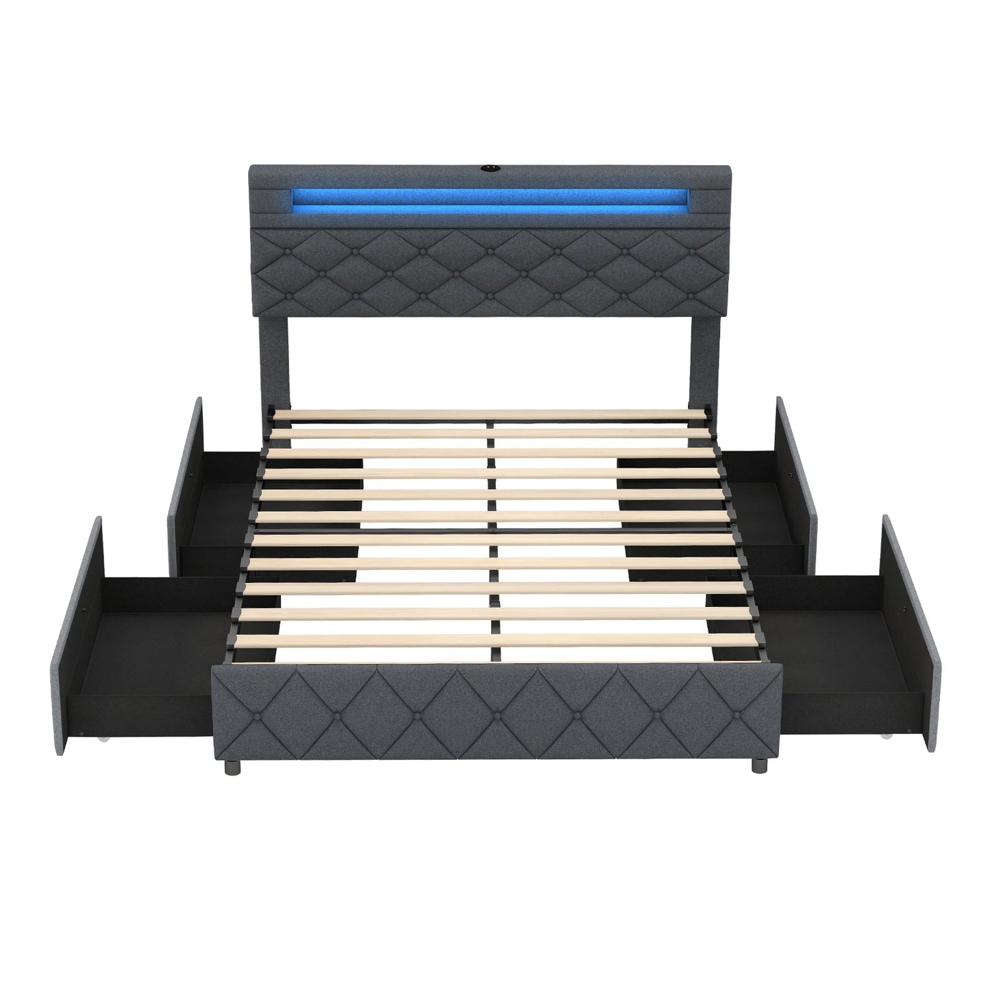 Base de Cama Tamaño Matrimonial/Queen con Cabecera Ajustable con Almacenamiento y Soporte de Láminas de Madera-Matrimonial