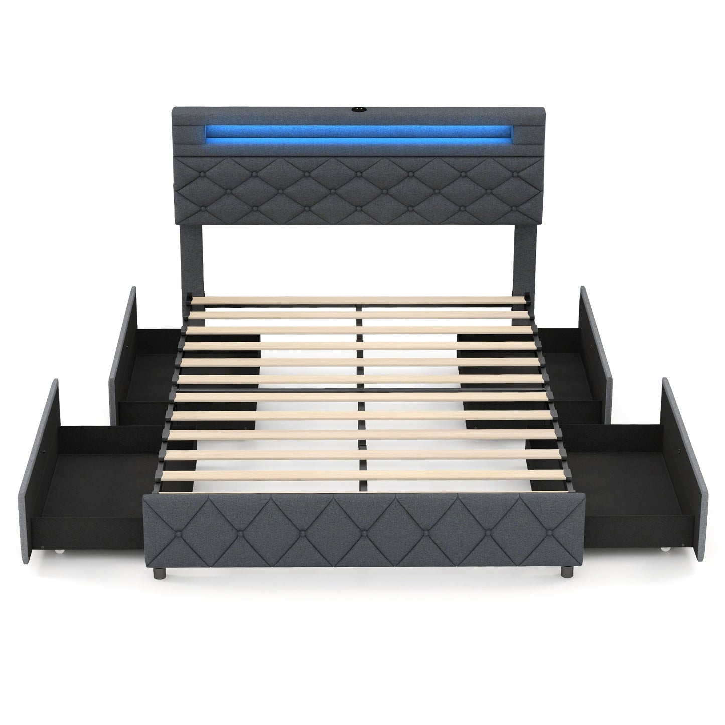Base de Cama Tamaño Matrimonial/Queen con Cabecera Ajustable con Almacenamiento y Soporte de Láminas de Madera-Matrimonial