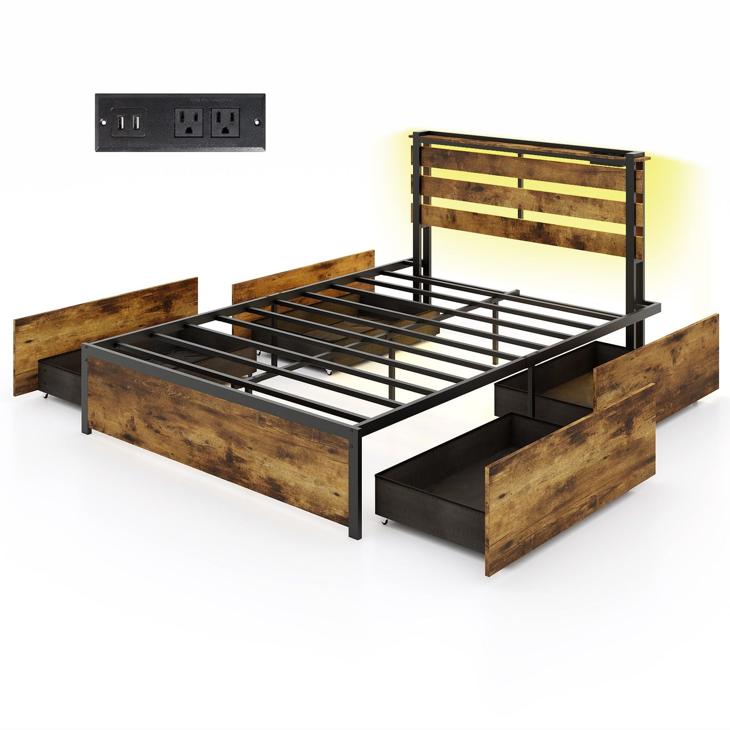 Base de Cama Tamaño Completo/Queen/Individual con Cajones, Luces LED y Puertos USB - Tamaño Completo