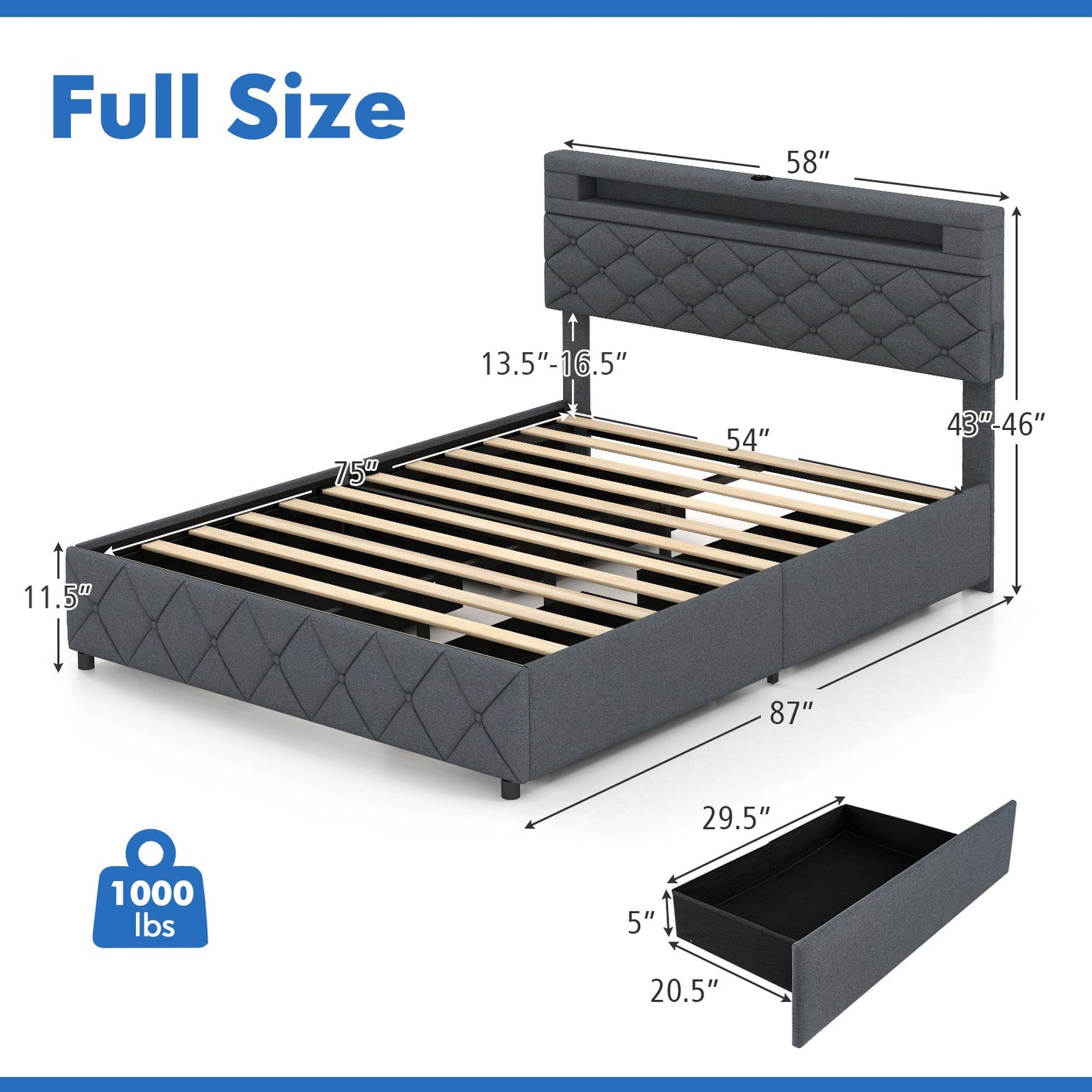 Base de Cama Tamaño Matrimonial/Queen con Cabecera Ajustable con Almacenamiento y Soporte de Láminas de Madera-Matrimonial