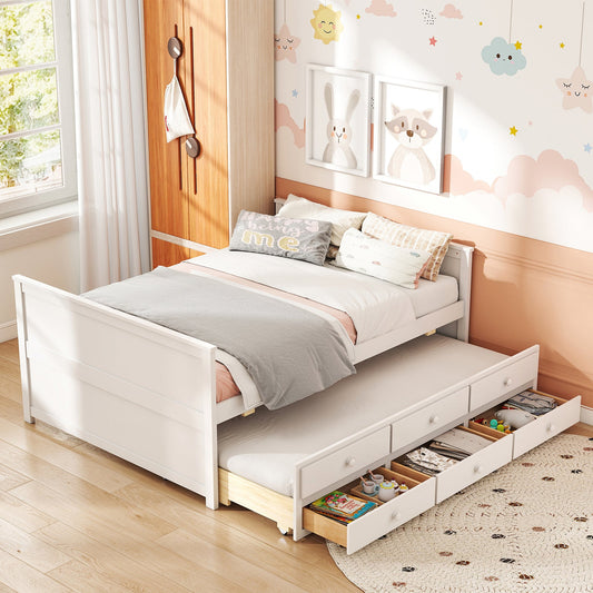 Full Size Bed Frame with Twin Trundle and 3 Storage Drawers for Teens Adults-White - Tampa Home & Garden Store