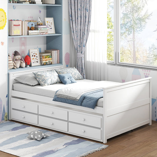 Full Size Bed Frame with Twin Trundle and 3 Storage Drawers for Teens Adults-White - Tampa Home & Garden Store