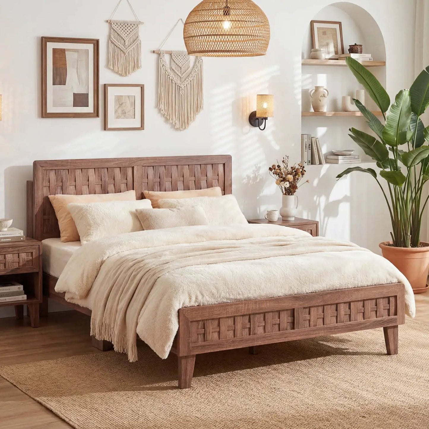 Twin Bed Frame Mid Century With Woven Headboard
