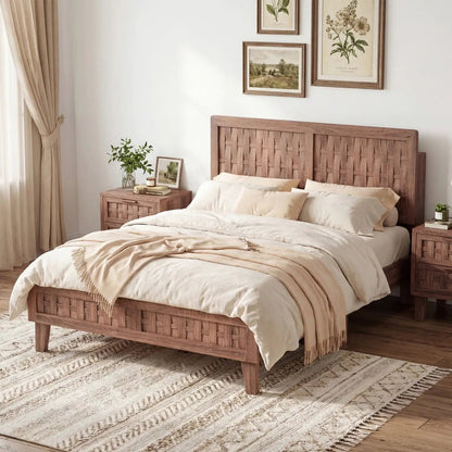 Twin Bed Frame Mid Century With Woven Headboard