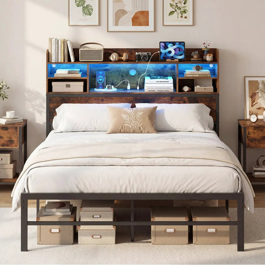 Full platform bed frame with headboard LED lights and USB charging station in dark wood on Tampa Home & Garden Store