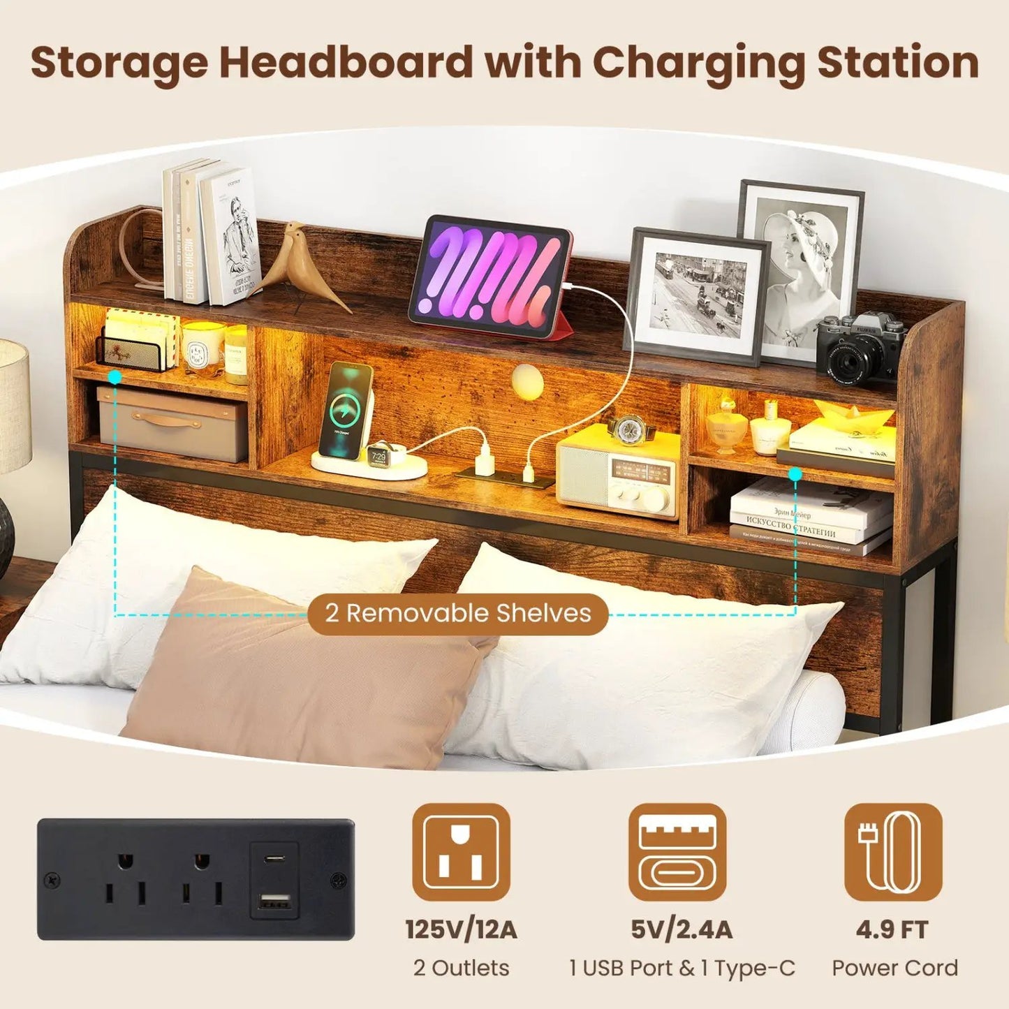 Bed Frame With Headboard LED Lights and Charging