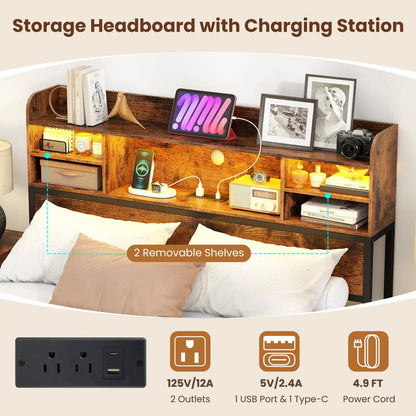Bed Frame With Headboard LED Lights and Charging