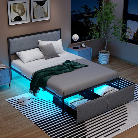 Full/Queen/Twin Size Bed Frame with LED Lights Drawer and Metal Slats-Full Size - Tampa Home & Garden Store
