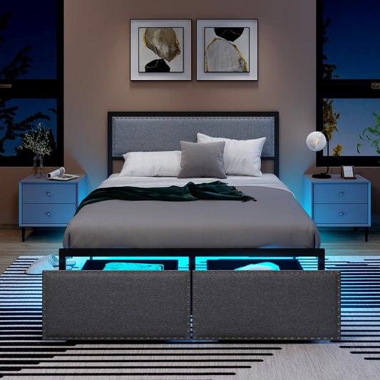 Full/Queen/Twin Size Bed Frame with LED Lights Drawer and Metal Slats-Full Size - Tampa Home & Garden Store