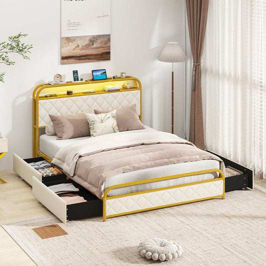 Twin/Full/Queen Size Bed Frame with LED Lights and Charging Station Gold-Full Size - Tampa Home & Garden Store