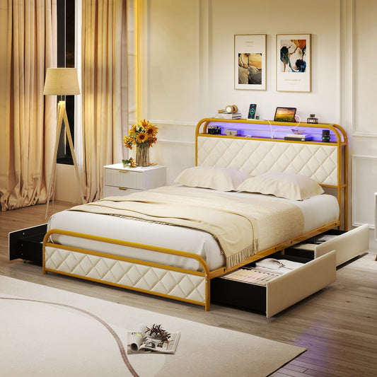 Twin/Full/Queen Size Bed Frame with LED Lights and Charging Station Gold-Full Size - Tampa Home & Garden Store