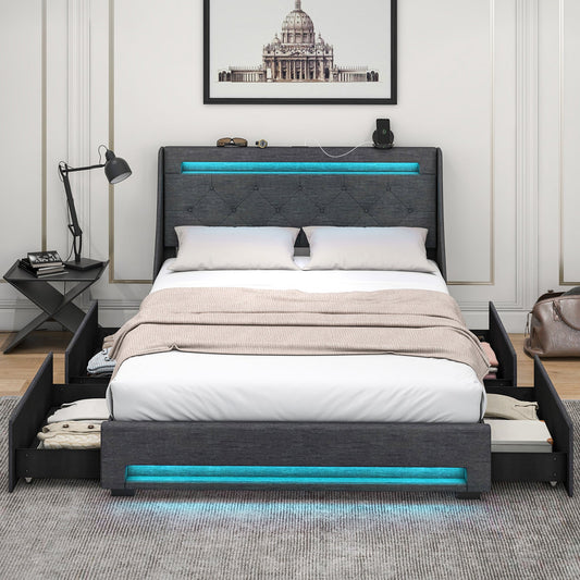 Full Size Bed Frame with LED Lights Wingback Headboard and Charging Station-Grey - Tampa Home & Garden Store