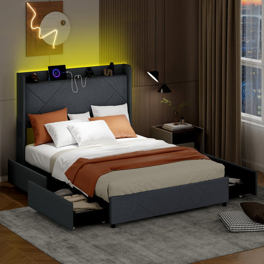 Full/Queen Size Bed Frame with LED Lights and Charging Station-Full Size - Tampa Home & Garden Store