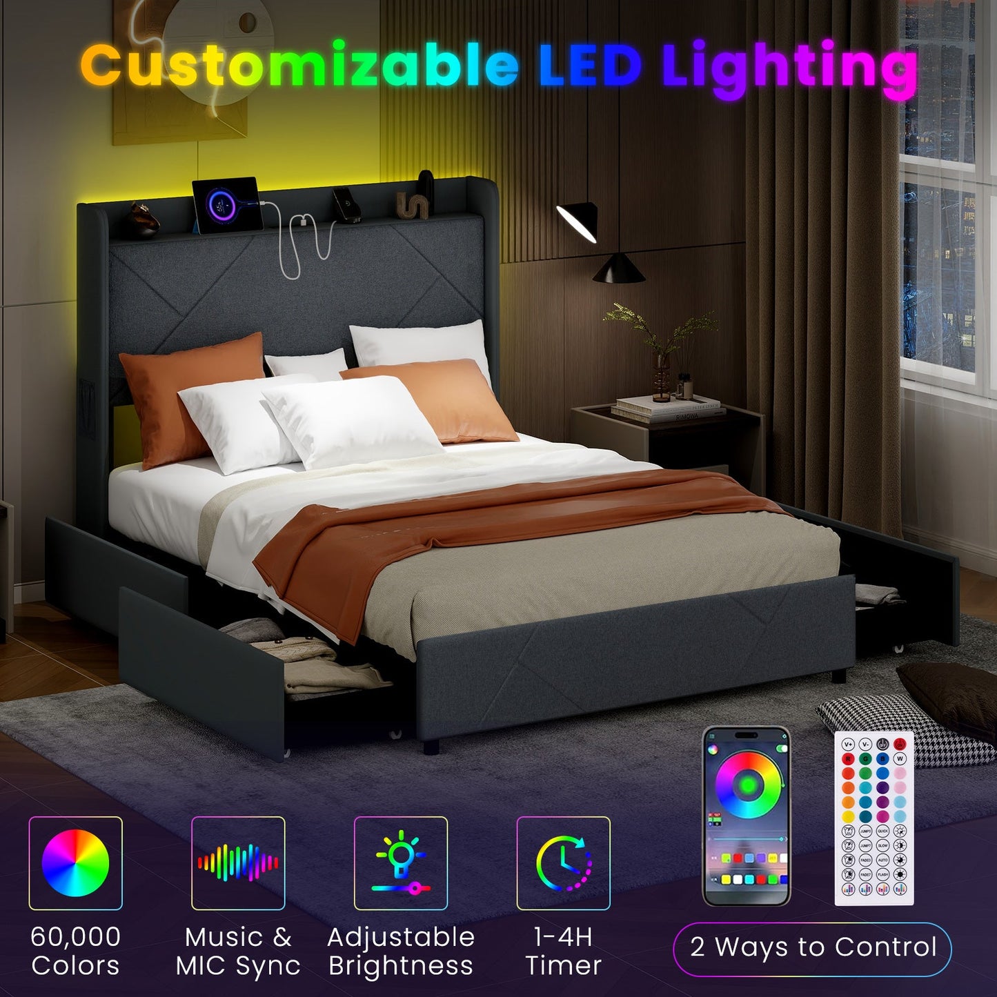 Estructura de cama matrimonial/queen con luces LED y estación de carga - matrimonial