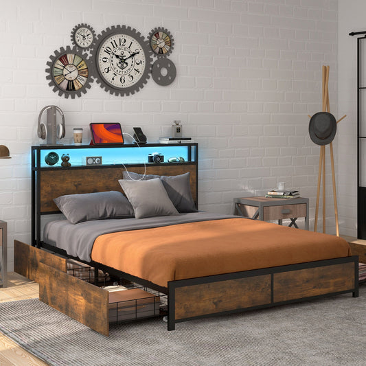Full/Queen Size Bed Frame with Smart LED Lights and Storage Drawers-Full Size - Tampa Home & Garden Store