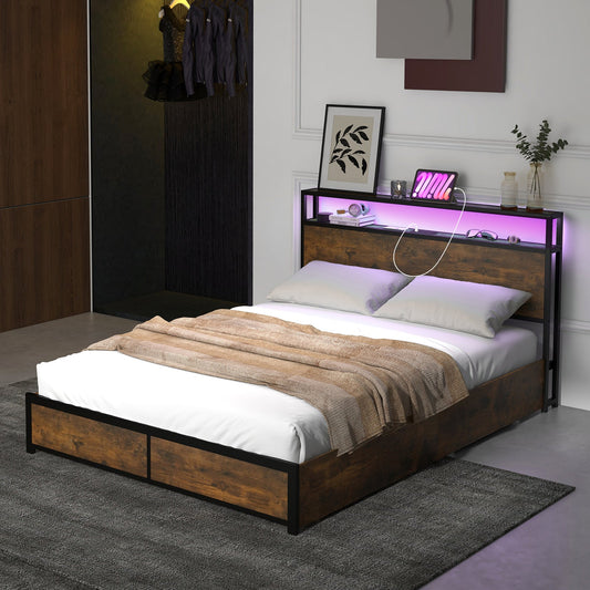 Full/Queen Size Bed Frame with Smart LED Lights and Storage Drawers-Full Size - Tampa Home & Garden Store
