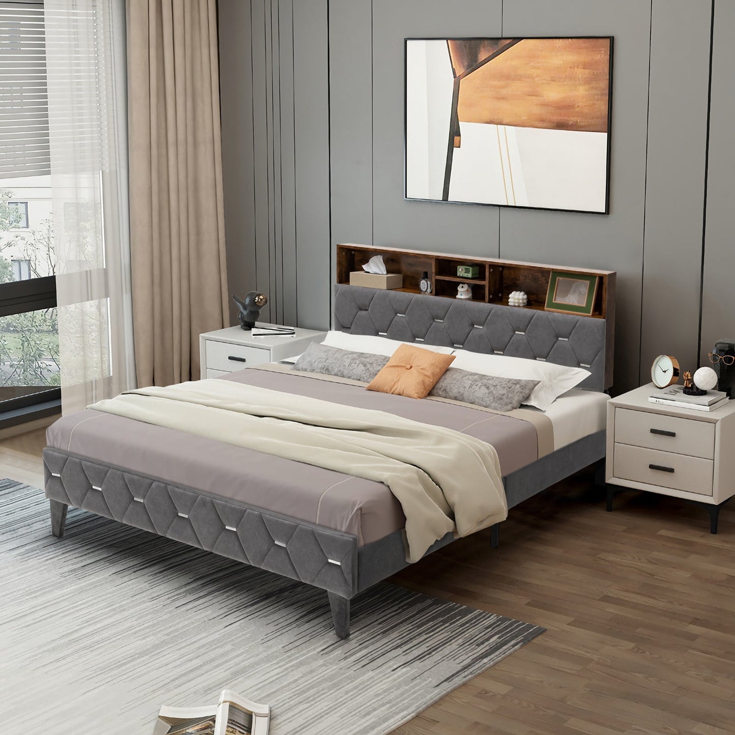 Base de Cama Tapizada con Cabecero de Almacenamiento Tamaño Matrimonial/Queen-Tamaño Matrimonial
