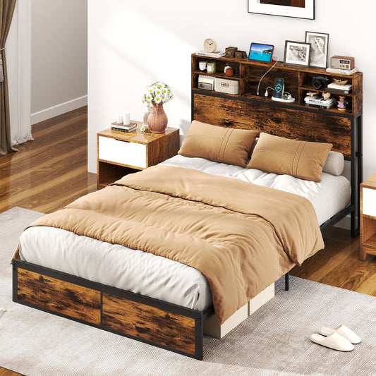 Twin/Full/Queen/King Size Bed Frame with Storage Headboard Industrial Metal Platform Bed-Full Size - Tampa Home & Garden Store