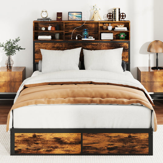 Twin/Full/Queen/King Size Bed Frame with Storage Headboard Industrial Metal Platform Bed-Full Size - Tampa Home & Garden Store