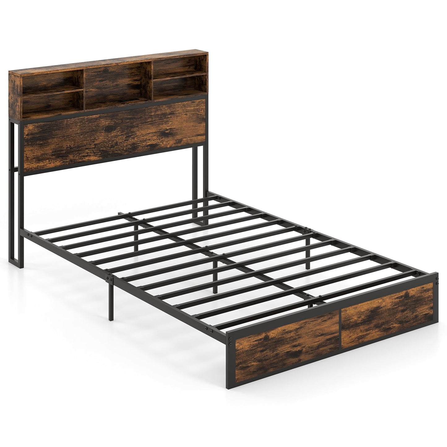 Base de cama con cabecero de almacenamiento tamaño Twin/Full/Queen/King, de metal industrial, tipo plataforma - Tamaño Full