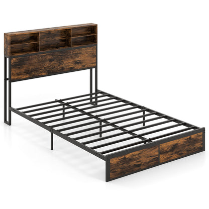 Base de cama con cabecero de almacenamiento tamaño Twin/Full/Queen/King, de metal industrial, tipo plataforma - Tamaño Full
