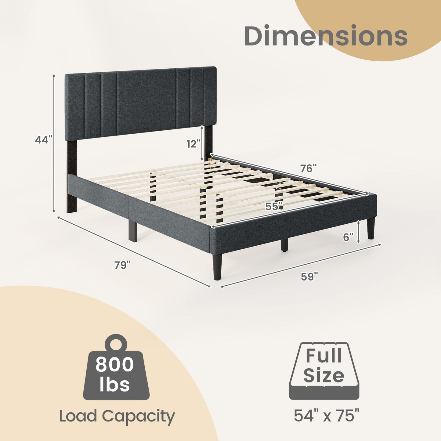 Full/Queen/Twin Size Bed Frame with Vertical Channel Tufted Headboard and Wooden Slats-Full Size