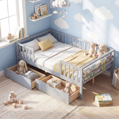 Full Size Daybed with Fence and 2 Drawers for Boys and Girls