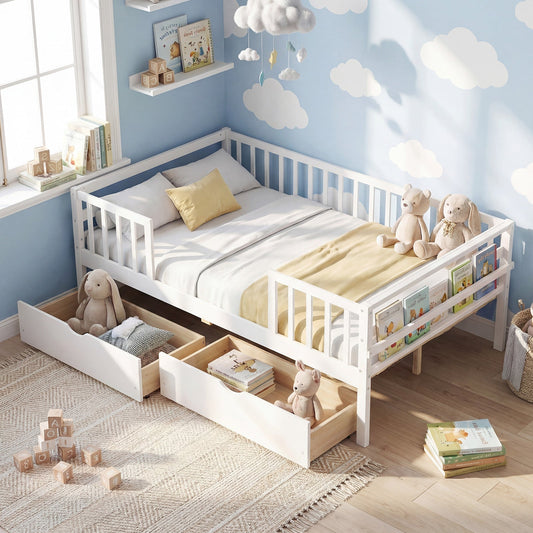 Full Size Daybed with Fence and 2 Drawers for Boys and Girls - Tampa Home & Garden Store