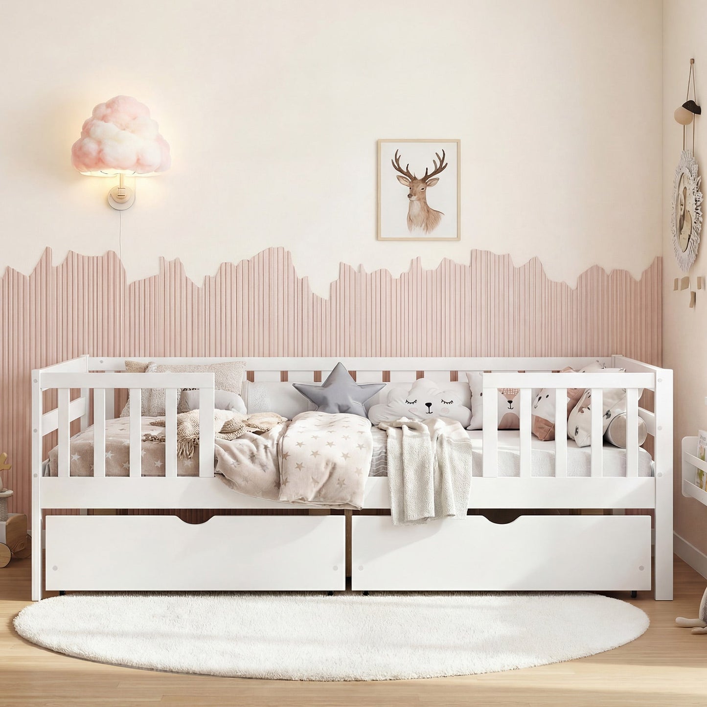 Full Size Daybed with Fence and 2 Drawers for Boys and Girls