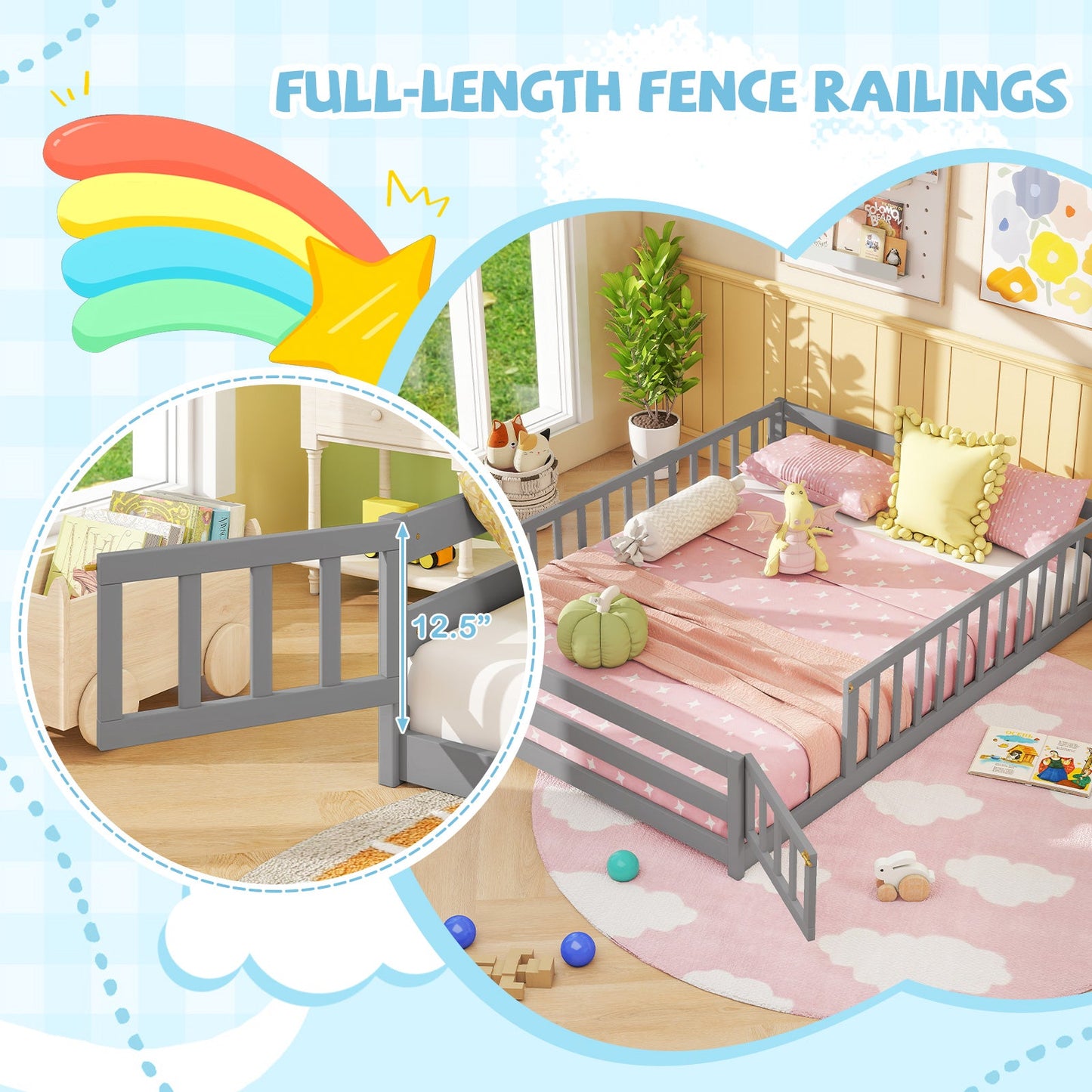 Full Size Floor Bed with Full Length Safety Guardrails