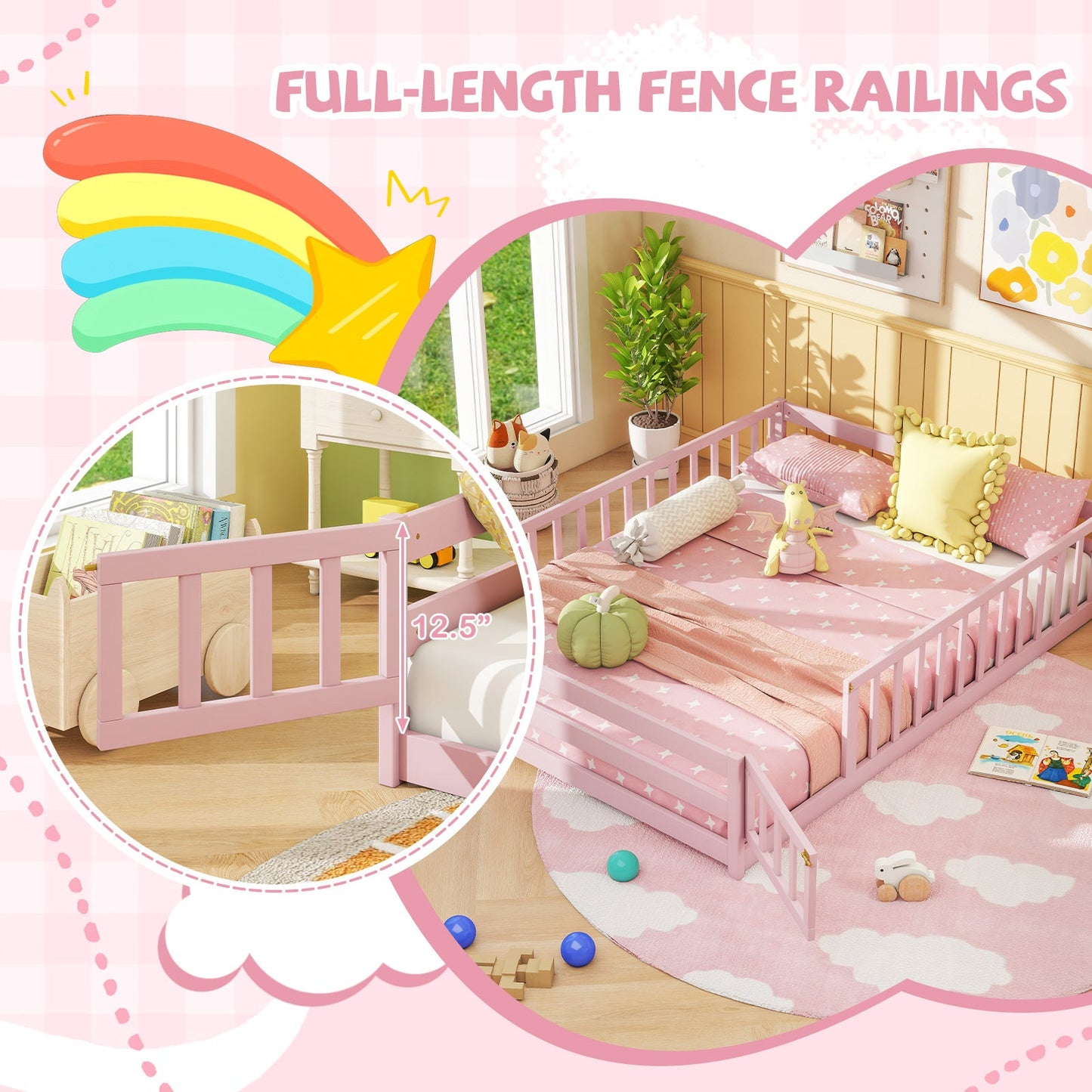 Full Size Floor Bed with Full Length Safety Guardrails