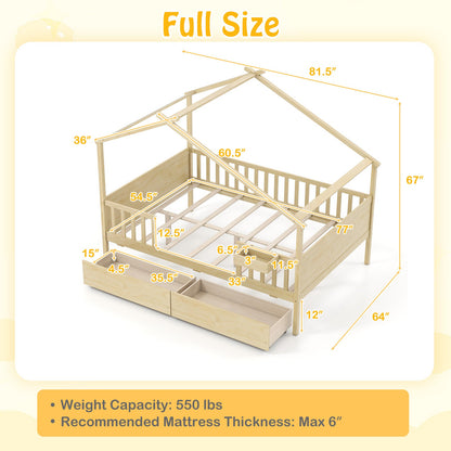 Full Size House Bed with Roof and Fence Rails for Kid