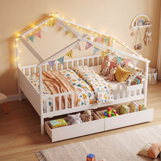 Full Size House Bed with Roof and Fence Rails for Kid - Tampa Home & Garden Store