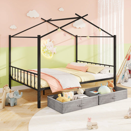 Full Size Metal House Bed with 2 Fabric Drawers for Kids - Tampa Home & Garden Store
