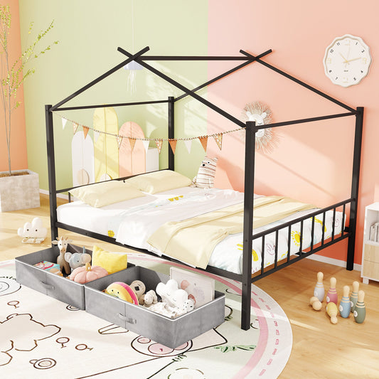 Full Size Metal House Bed with 2 Fabric Drawers for Kids - Tampa Home & Garden Store