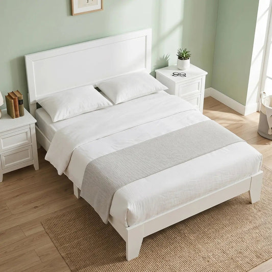 Full-size platform bed frame by DirectDeals, white finish, no box spring in bright bedroom on Tampa Home & Garden Store