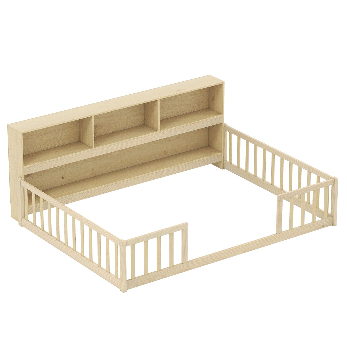 Cama Montessori de piso tamaño completo con estantería - Gris