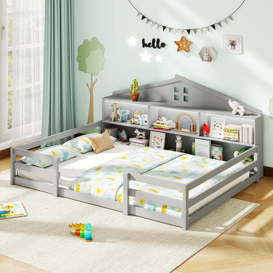Full Size Montessori Floor Bed with Storage Compartments and Shelf - Tampa Home & Garden Store