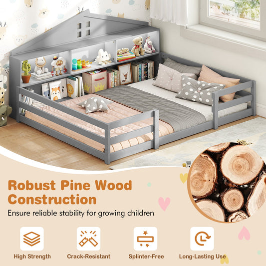 Full Size Montessori Floor Bed with Storage Compartments and Shelf - Tampa Home & Garden Store